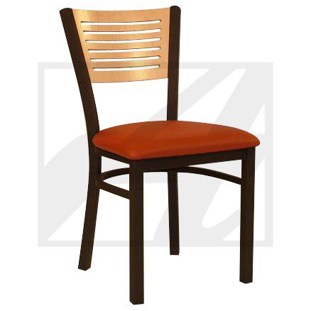 Wooden chair with a slatted back and orange cushioned seat.