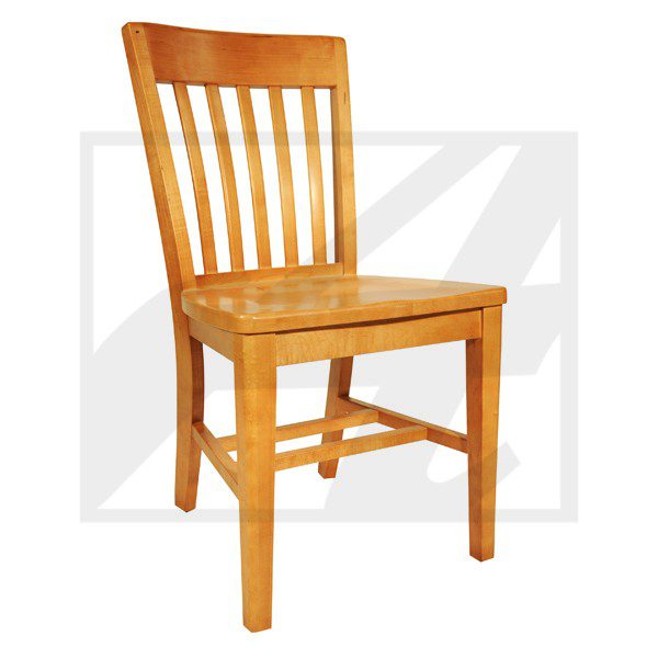 A wooden chair with vertical slats on the backrest.