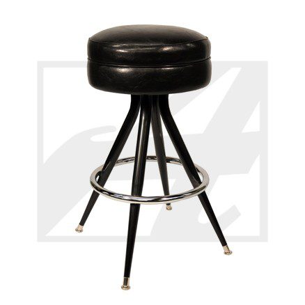 Black cushioned bar stool with metal legs and footrest.