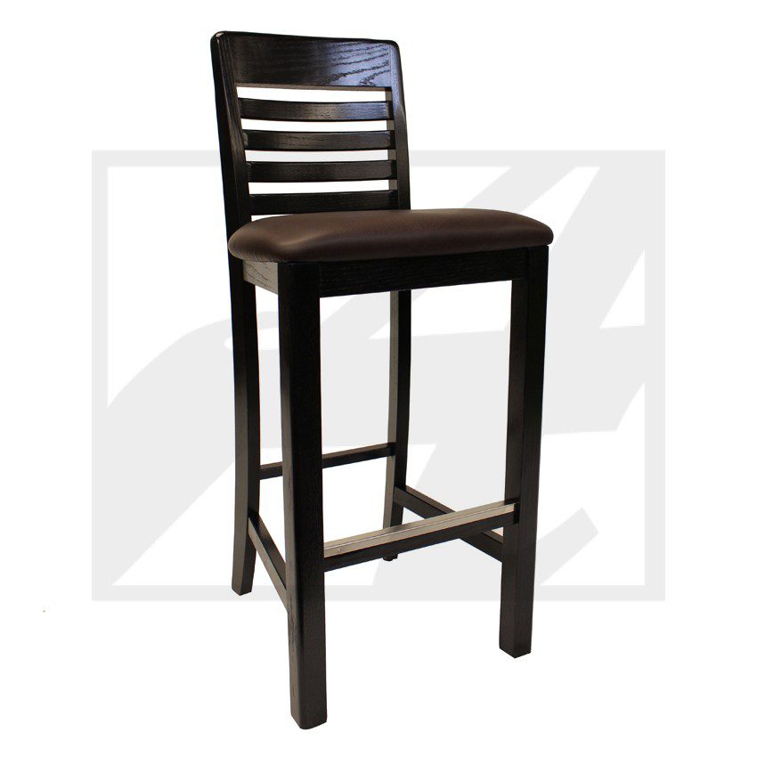 Dark wooden bar stool with a slatted backrest and cushioned seat.