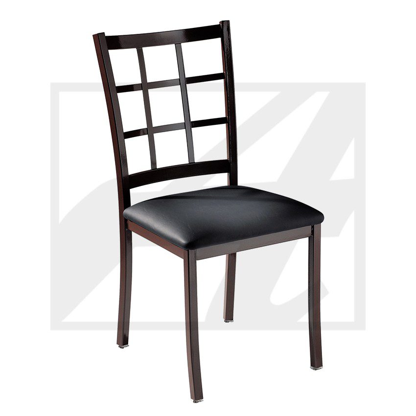 Elegant wooden chair with a black cushioned seat and lattice backrest.