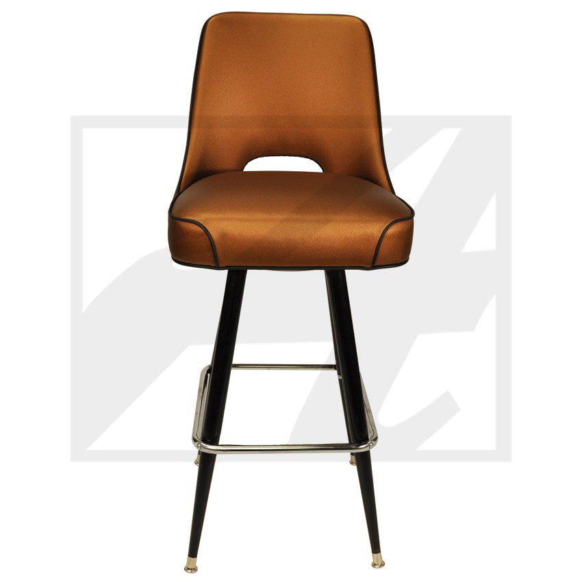 Modern brown leather bar stool with black metal legs and gold accents.