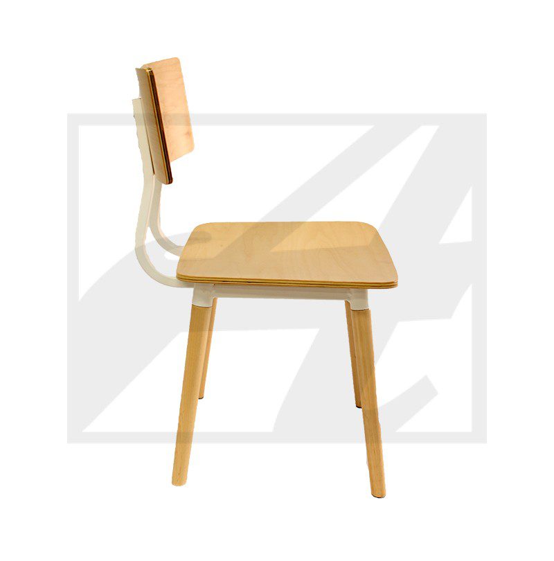 Side view of a wooden chair with a simple design.