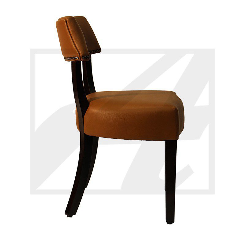 Modern chair with brown upholstery and black legs.