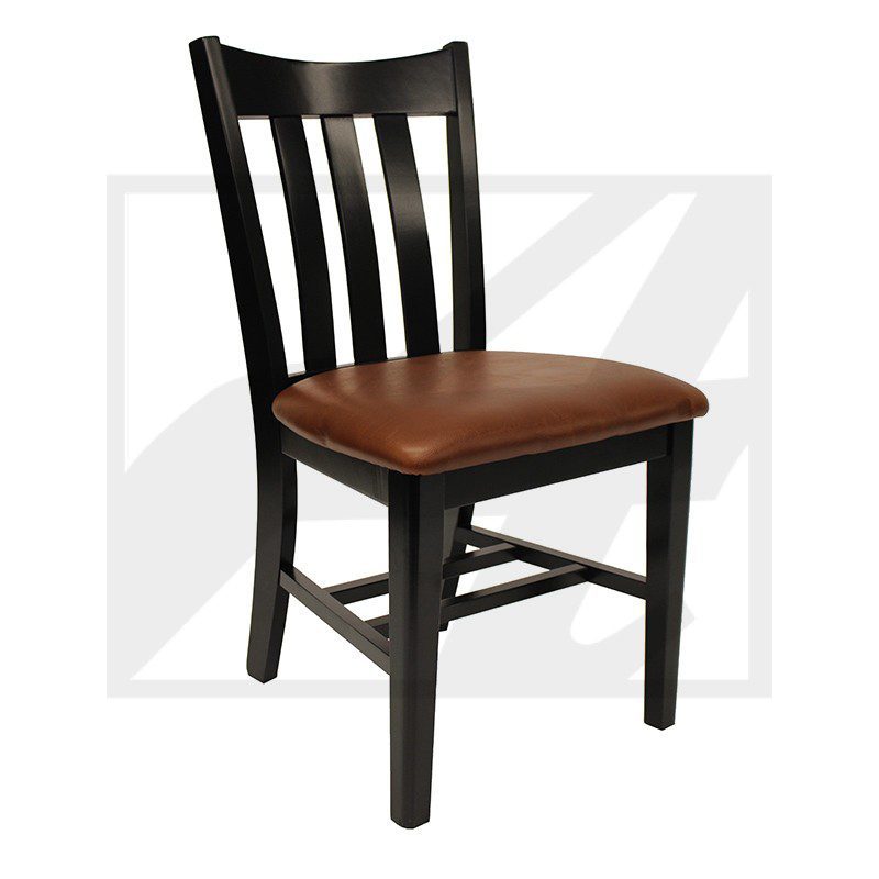 Black wooden chair with brown cushioned seat and slatted backrest.