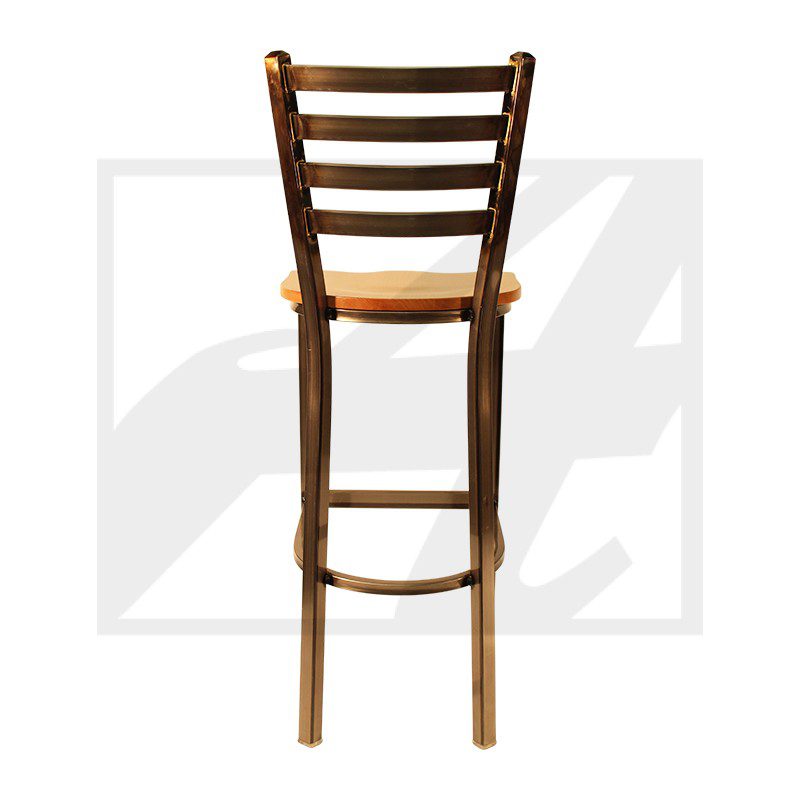Wooden bar stool with a ladder back and cushioned seat.