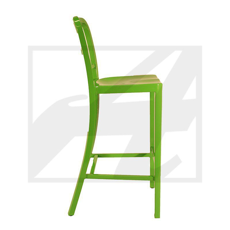 Green wooden bar stool with a cushioned seat and high backrest.