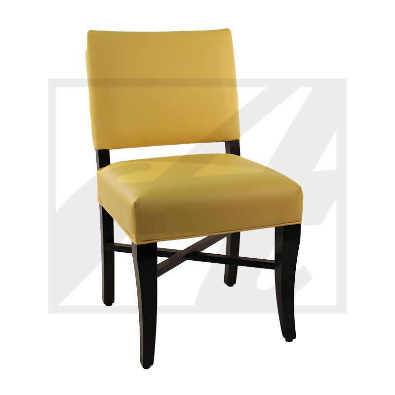 Upholstered yellow dining chair with dark wooden legs.