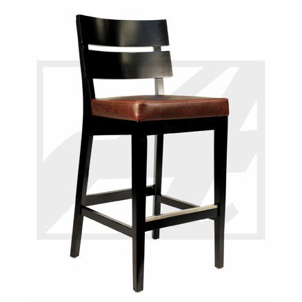 Black wooden bar stool with a brown cushioned seat.