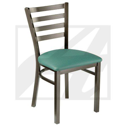 Wooden chair with a green cushioned seat and ladder back design.