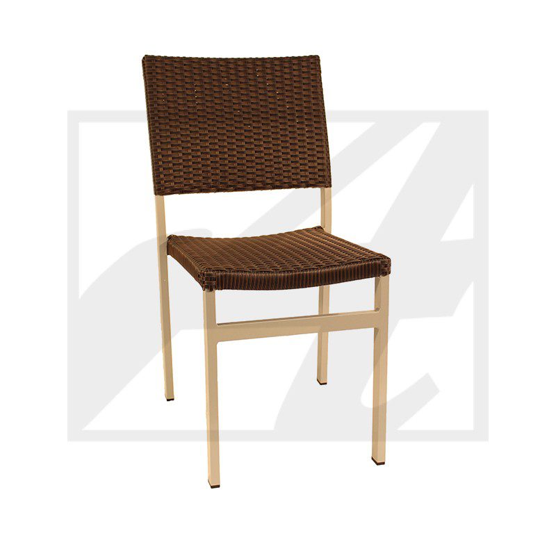 Modern brown wicker chair with light wooden legs.