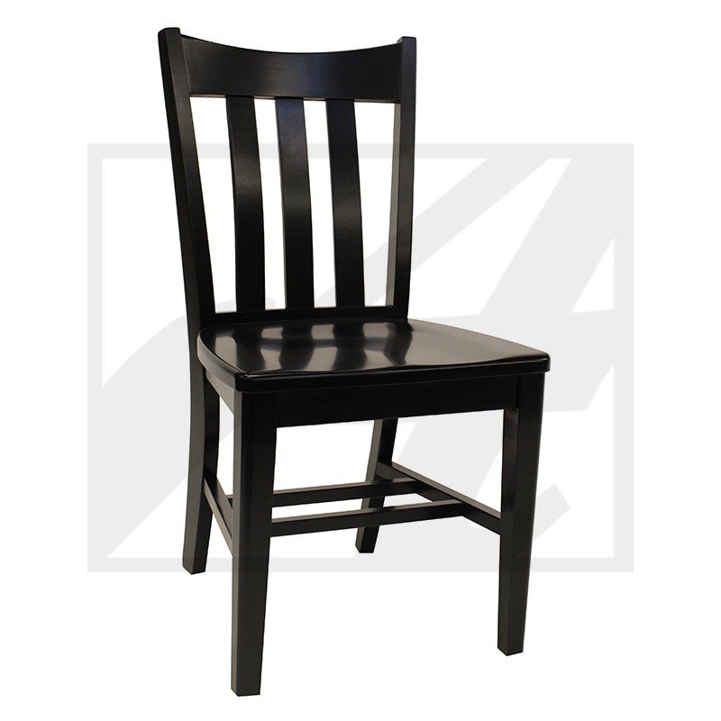 A simple black wooden chair with vertical slats on the backrest.