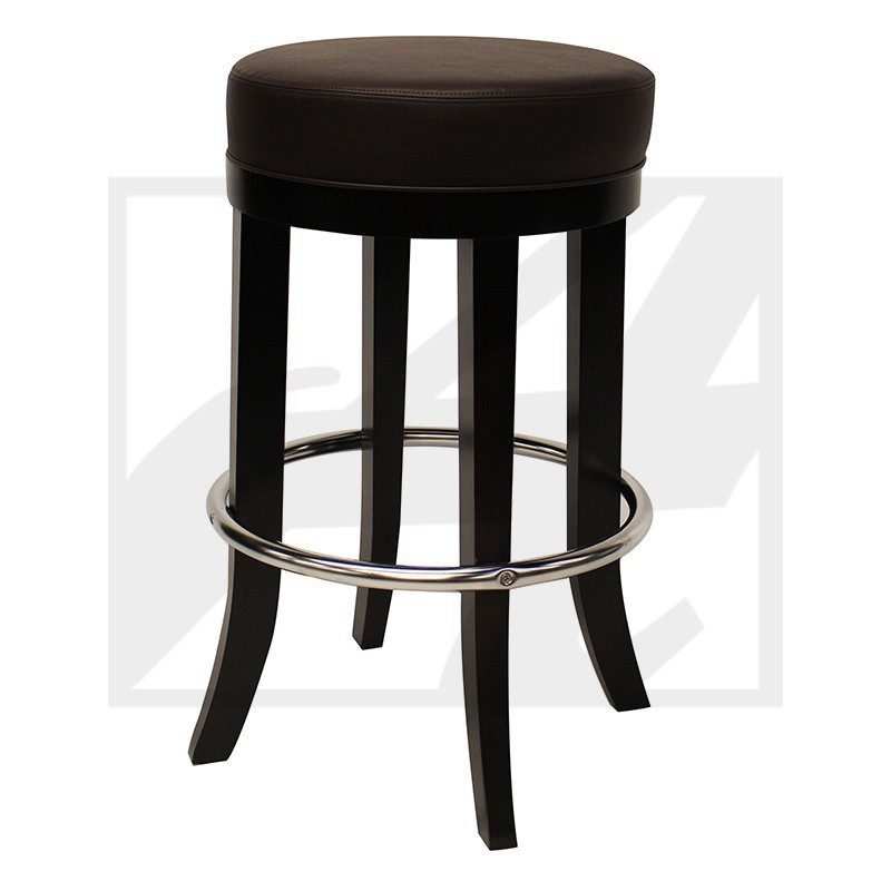 Black bar stool with cushioned seat and metal footrest.