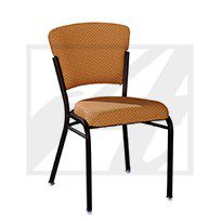 Modern chair with orange upholstery and black metal frame.