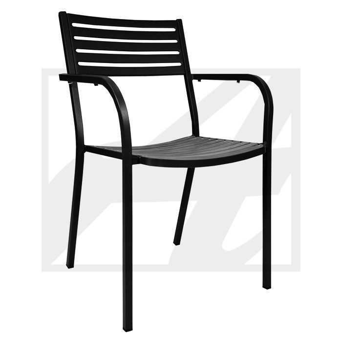 Black metal chair with armrests and horizontal slats on backrest.