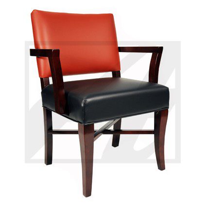 Elegant wooden chair with red backrest and black cushioned seat.