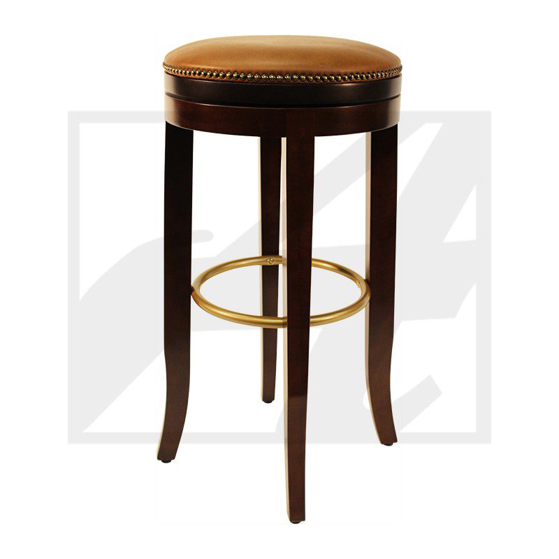 Elegant wooden bar stool with padded seat and brass footrest.
