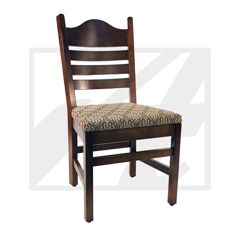 Wooden chair with a woven seat and a ladder-back design.