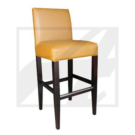 Modern bar stool with yellow cushioned seat and dark wooden legs.