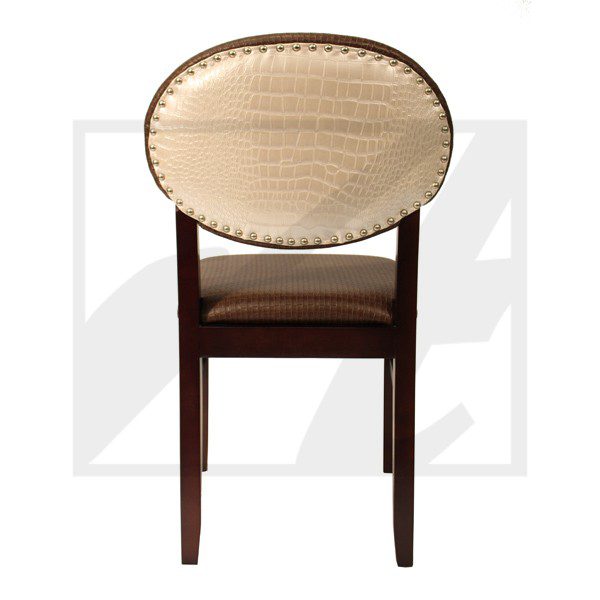 Elegant wooden chair with a beige cushioned oval backrest and dark brown frame.