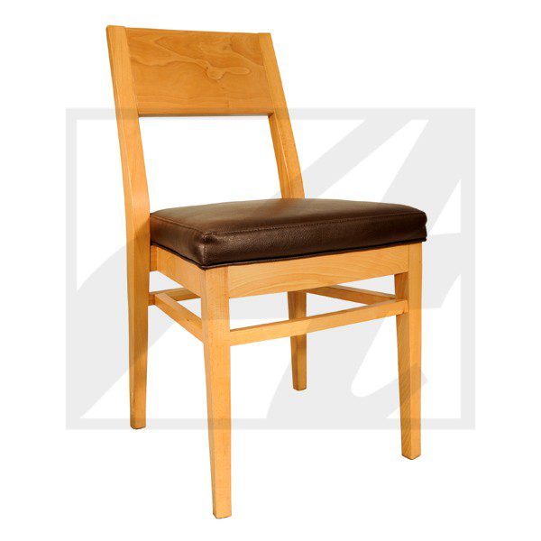 Wooden chair with a cushioned dark brown seat and simple backrest.