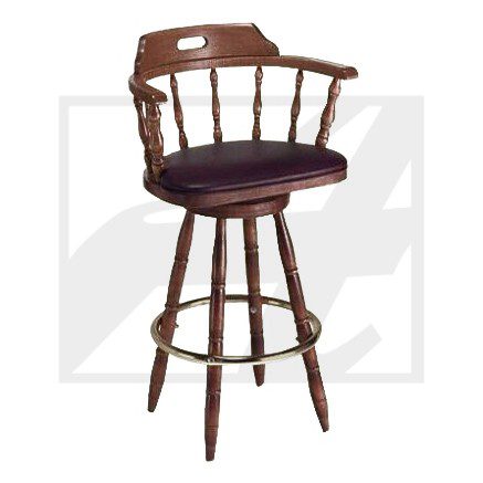 Wooden bar stool with backrest and cushioned seat.