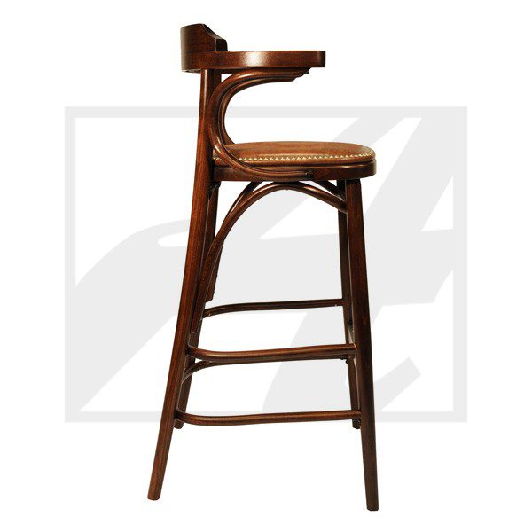 Classic wooden bar stool with a curved backrest and footrest.