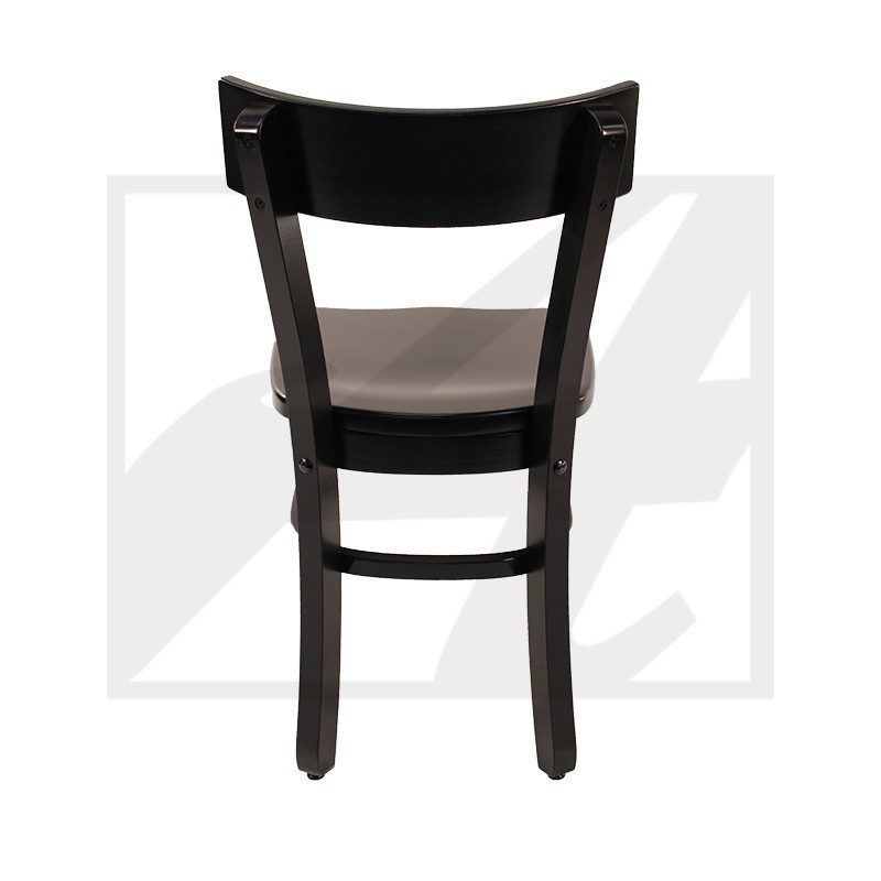 Black wooden chair with a cushioned seat, viewed from the back.