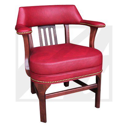 Classic wooden armchair with red leather upholstery and brass tacks.