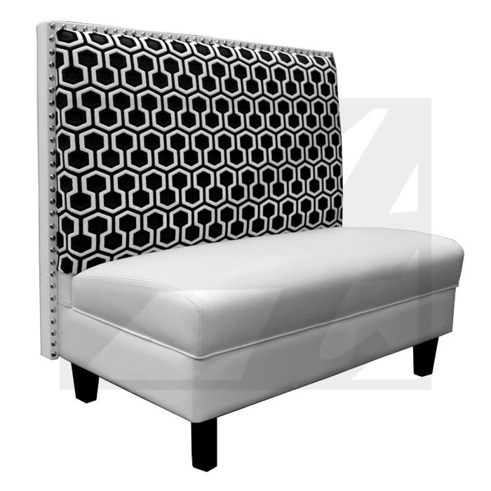 Upholstered bench with patterned backrest and cushioned seat.