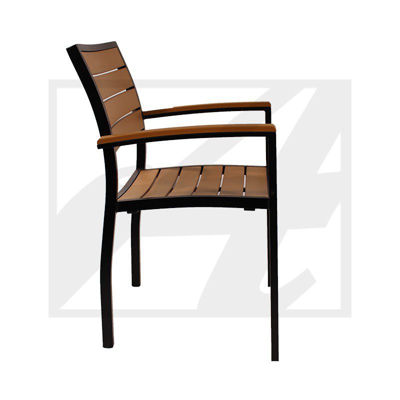 Modern chair with wooden slats and black metal frame.