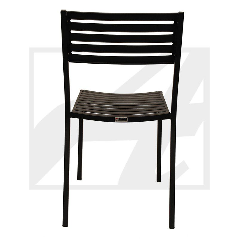 A black metal chair with a slatted backrest and seat.