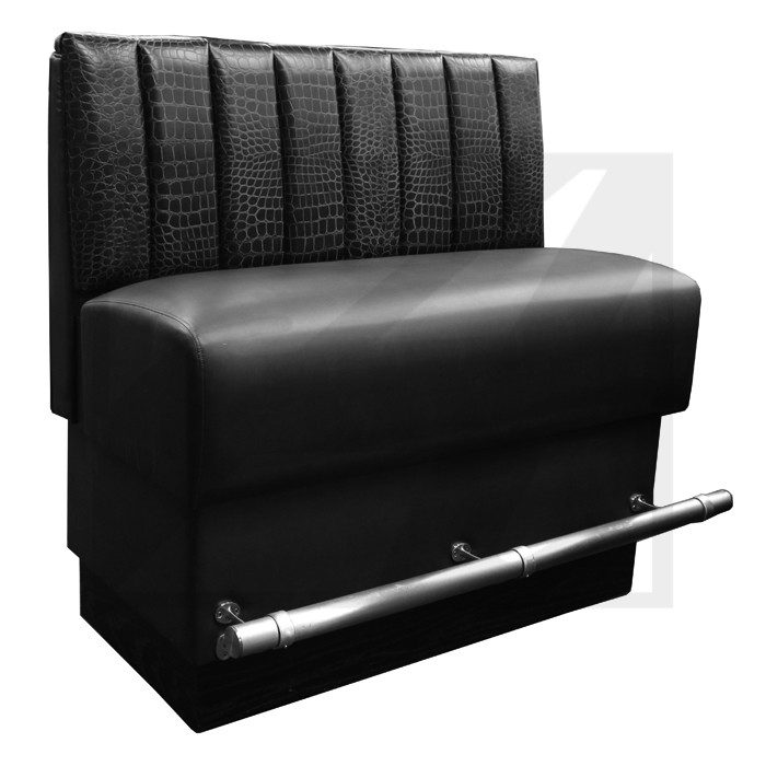 Black leather restaurant booth seat with backrest and footrest.