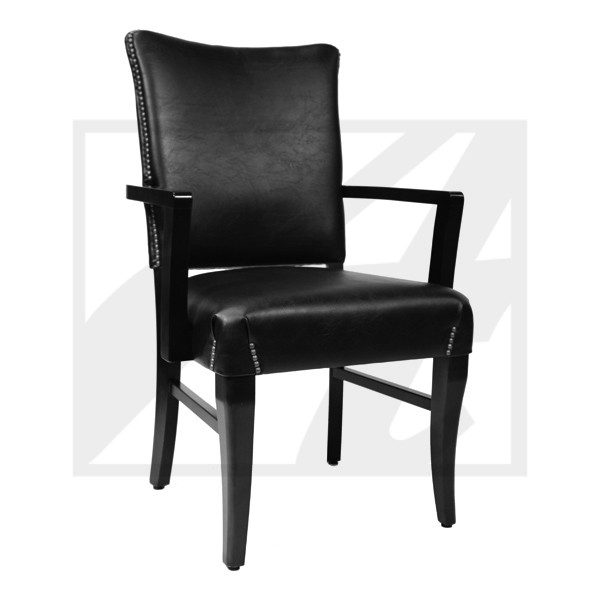 Elegant black leather chair with wooden frame and armrests.