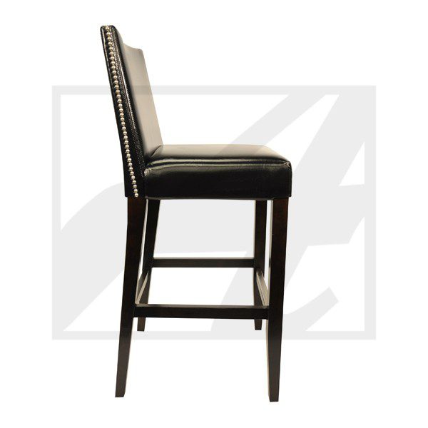 Side view of a high-back upholstered bar stool with dark wooden legs.