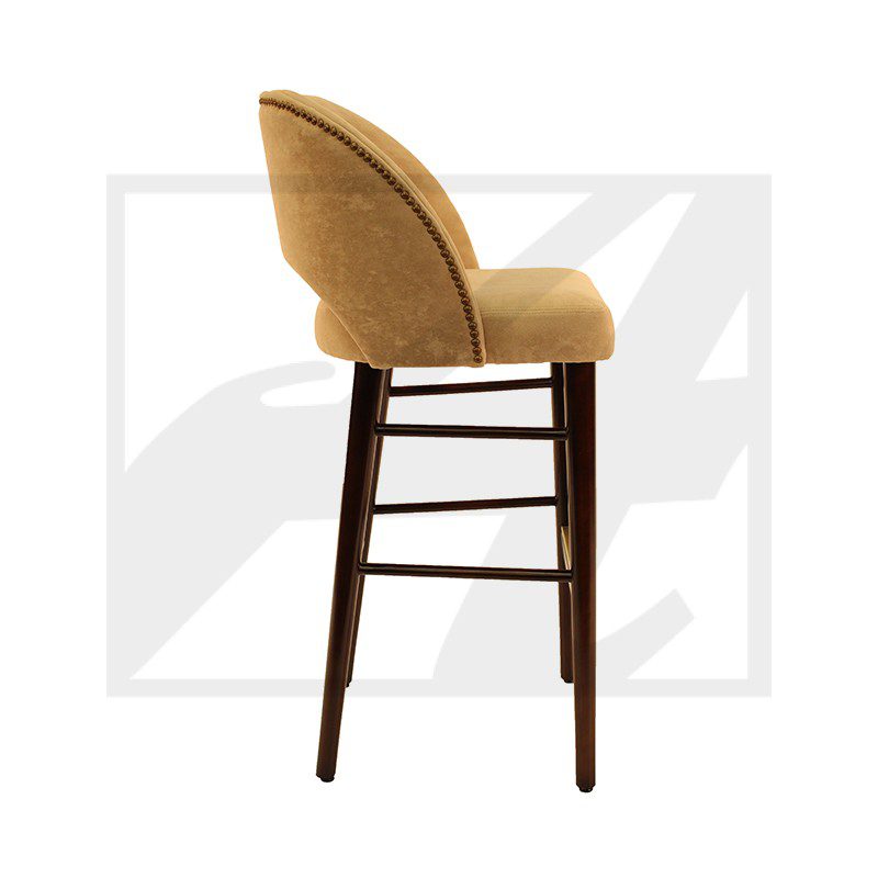 Modern cushioned bar stool with wooden legs and a curved backrest.
