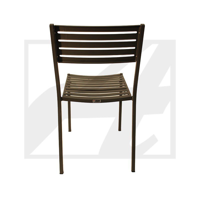 A simple brown metal chair with horizontal slats.