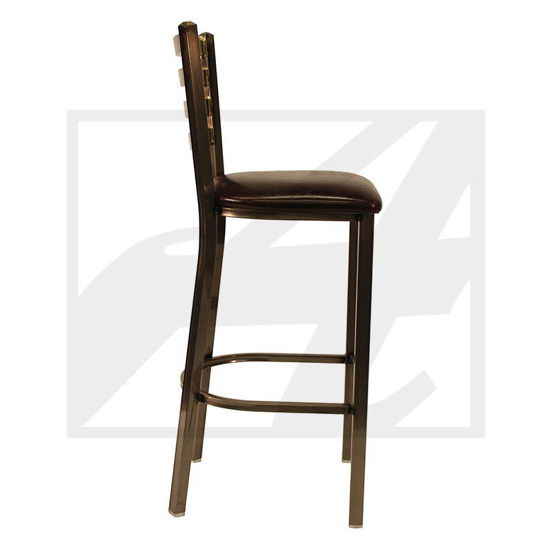 Rustic wooden bar stool with a cushioned seat and ladder back design.