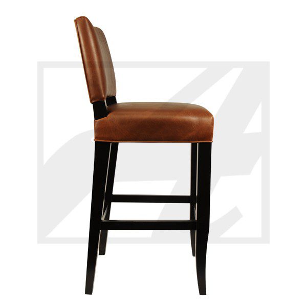 Elegant brown upholstered bar stool with dark wooden legs and backrest.