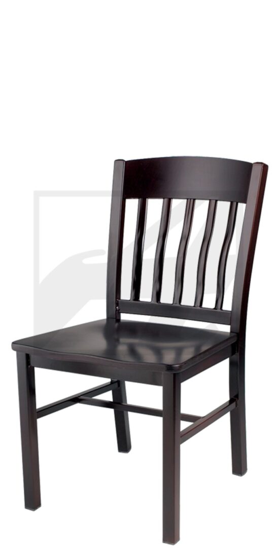 A dark wooden chair with vertical slats on the backrest.
