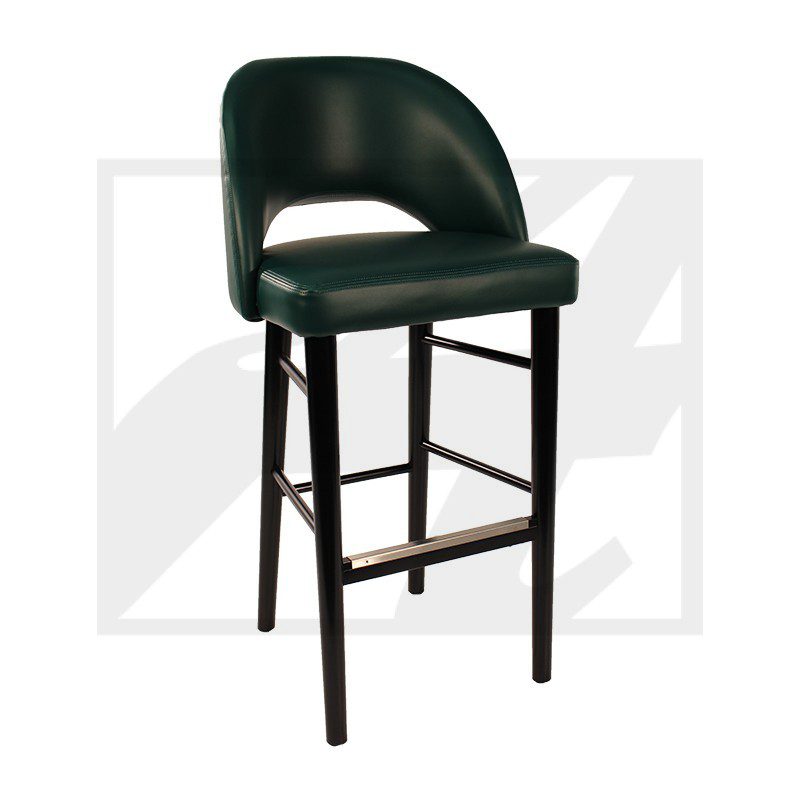 Modern green bar stool with cushioned seat and backrest.