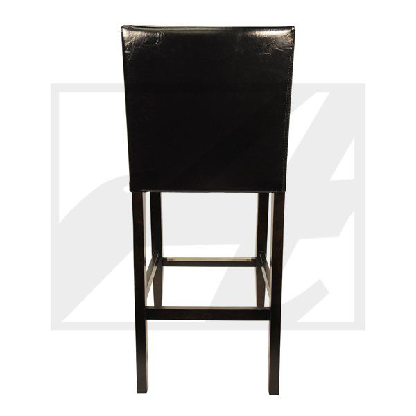 Tall black bar stool with a cushioned backrest and footrest.