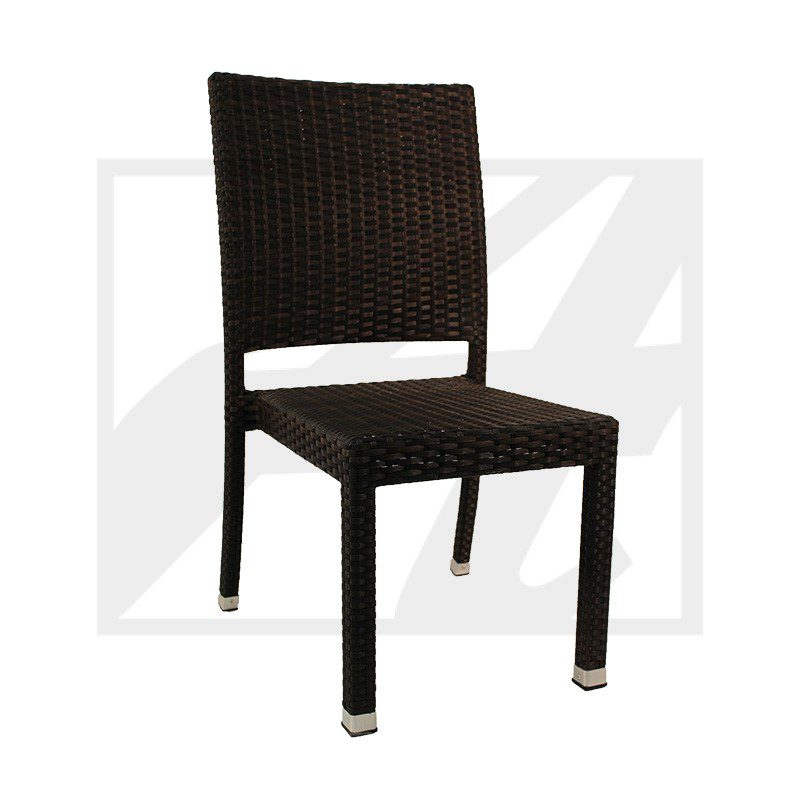 Dark brown wicker chair with white cushion and metal feet.