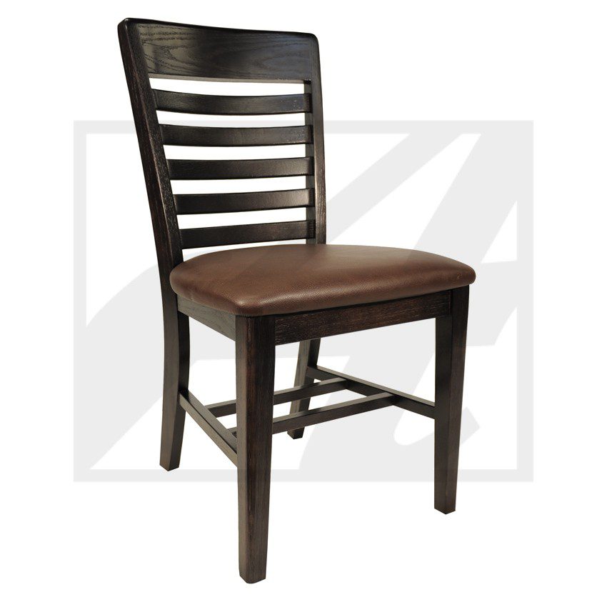 Dark wooden chair with a brown cushioned seat and slatted backrest.