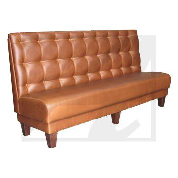 Brown leather tufted bench with wooden legs.