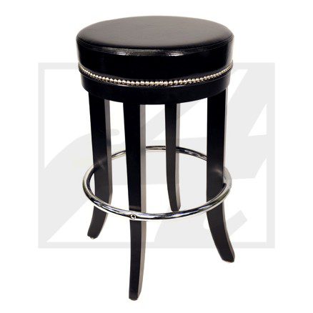 Black cushioned bar stool with wooden legs and metal footrest.