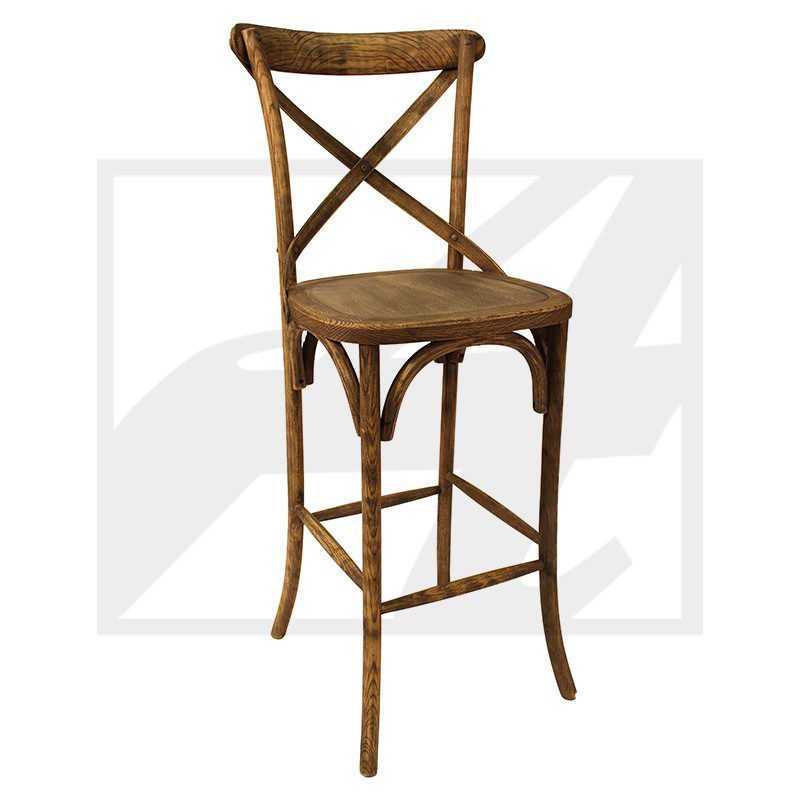 Rustic wooden bar stool with cross-back design and footrest.