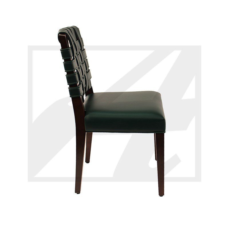 Side view of a stylish, tufted leather chair with wooden legs.