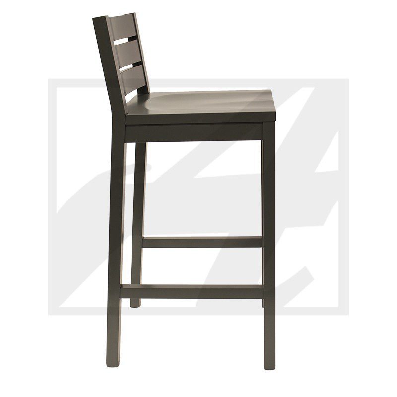 Simple wooden bar stool with a backrest and footrest.