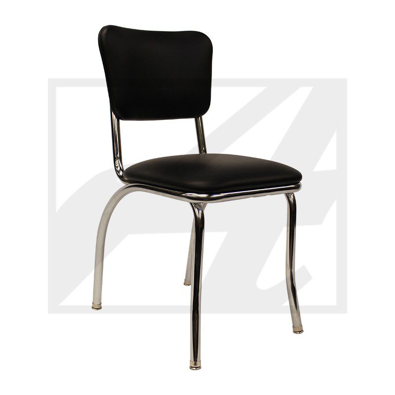 Black padded chair with chrome legs and back support.